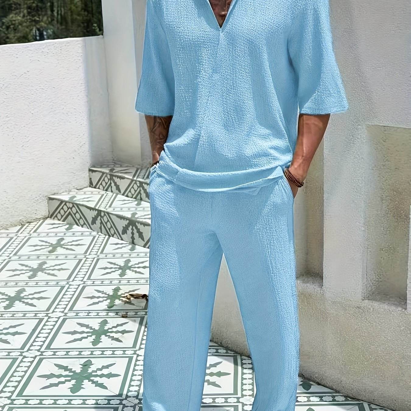 Men's Casual Summer T-Shirt & Pants Set - Light Blue V-Neck Style - Buy Center US