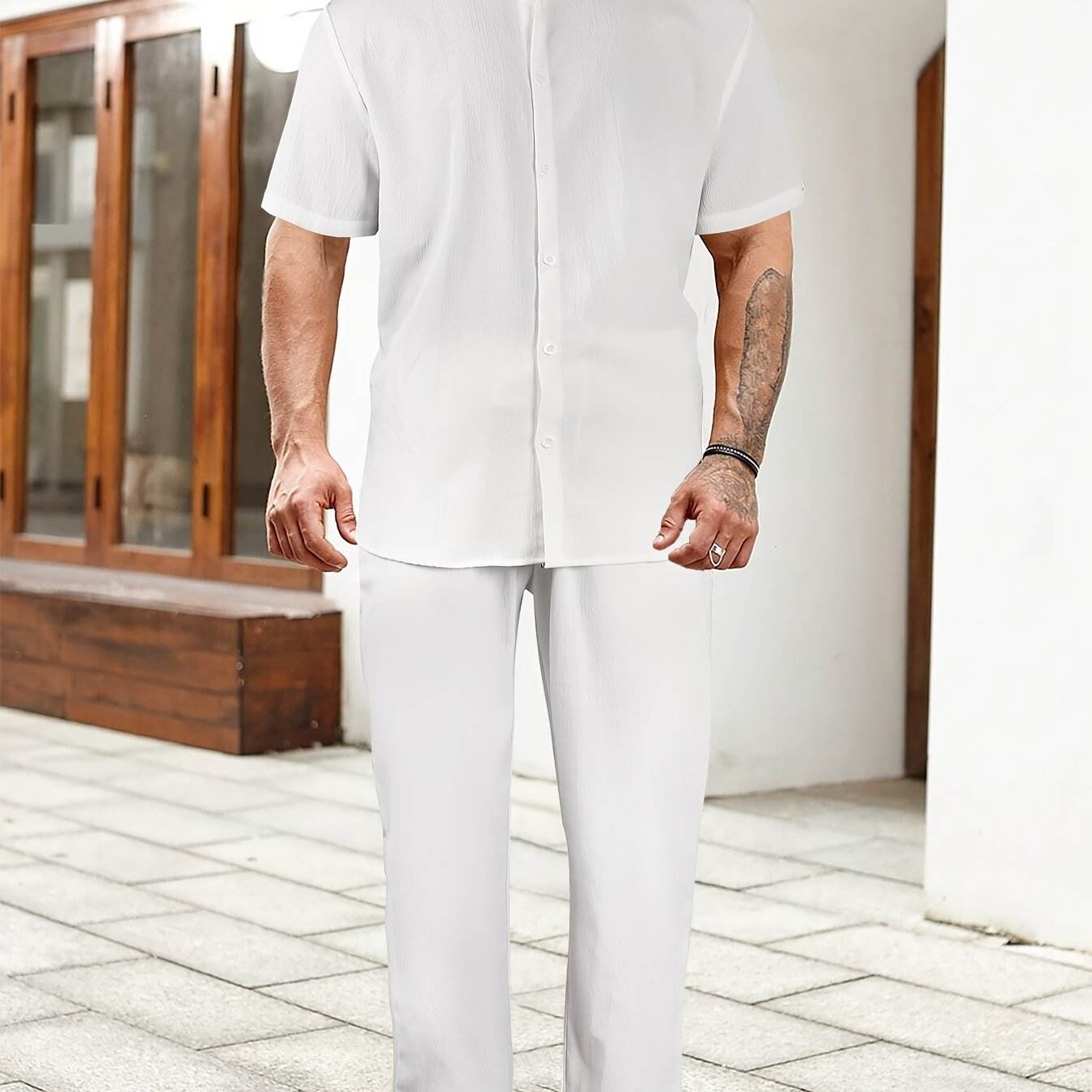 Lightweight Washed Textured Short Sleeve Shirt & Solid Pants Set - Buy Center US