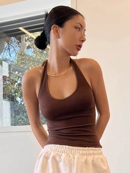 DAZY Backless Halter Top – Casual Crop Top in White Rib-Knit - Buy Center US