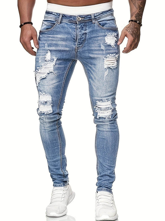 Men's Slim Fit Distressed Jeans - Ripped Stretch Denim, Light Blue - Buy Center US