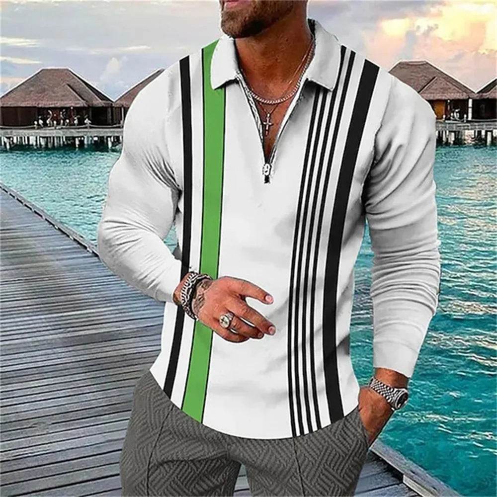 Men's Long Sleeve Color Matching Polo Shirt with Zipper - Casual Fashion - Buy Center US