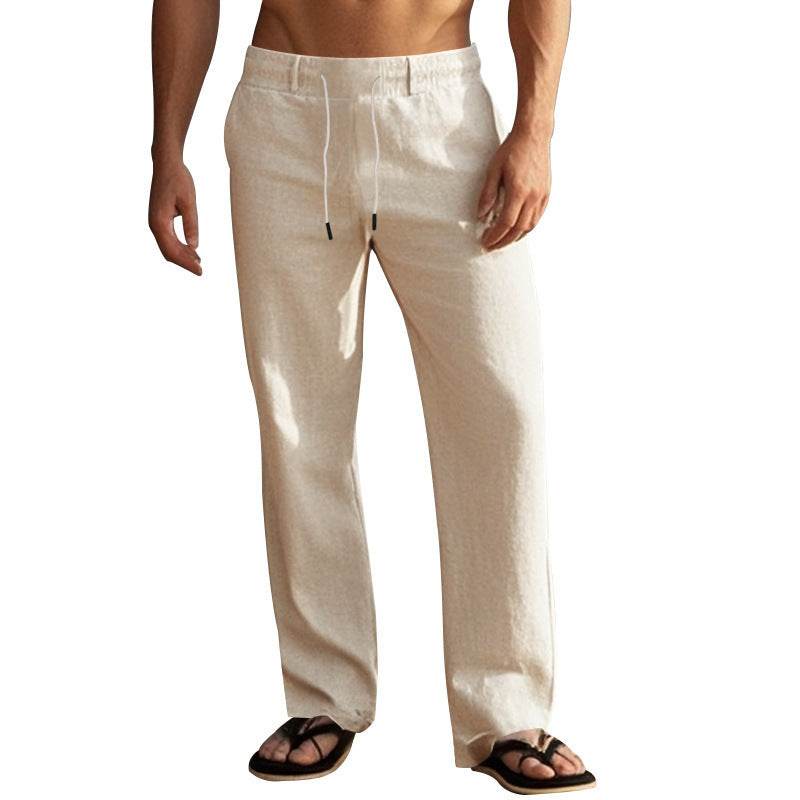 Men's Casual Solid Color Cotton Linen Trousers - Drawstring & Straight-Leg - Buy Center US