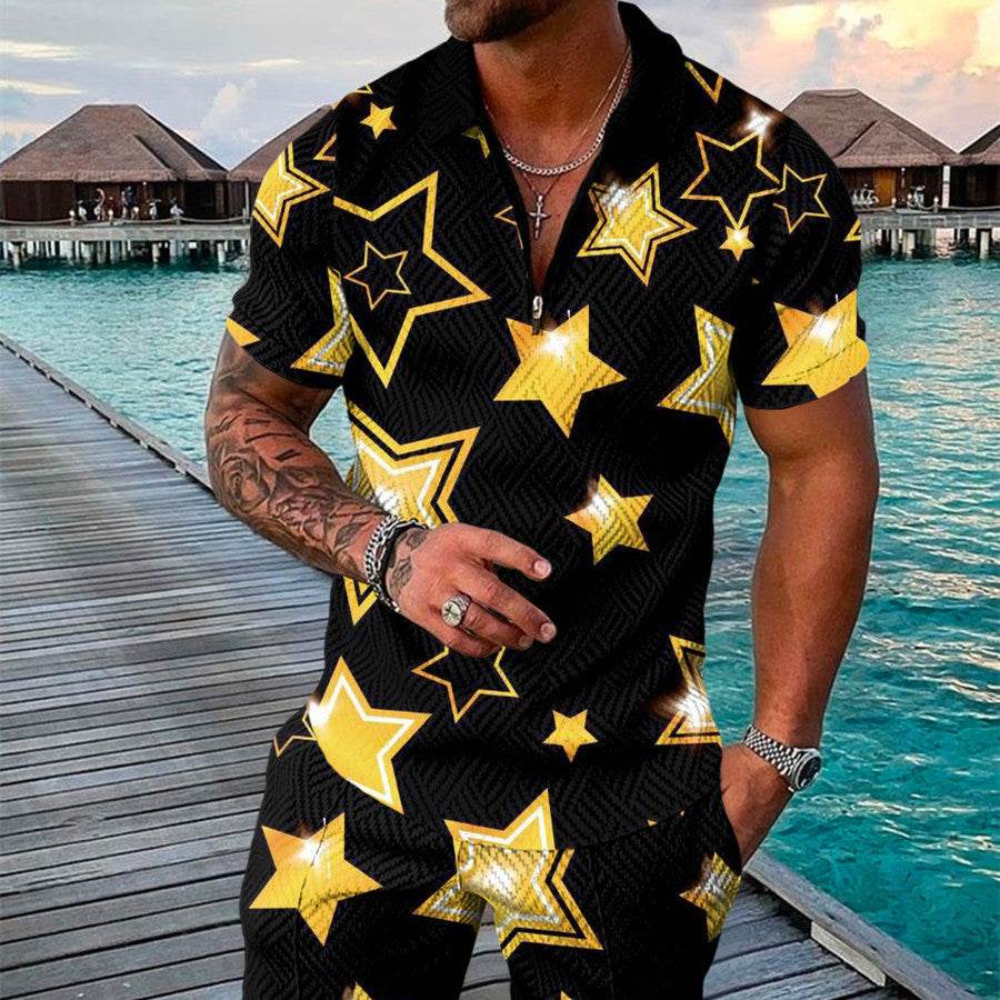 Men's 3D Printed Geometric Zip Lapel Shirt & Shorts Set - Summer Fashion - Buy Center US