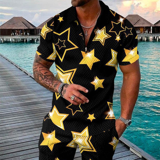 Men's 3D Printed Geometric Zip Lapel Shirt & Shorts Set - Summer Fashion - Buy Center US