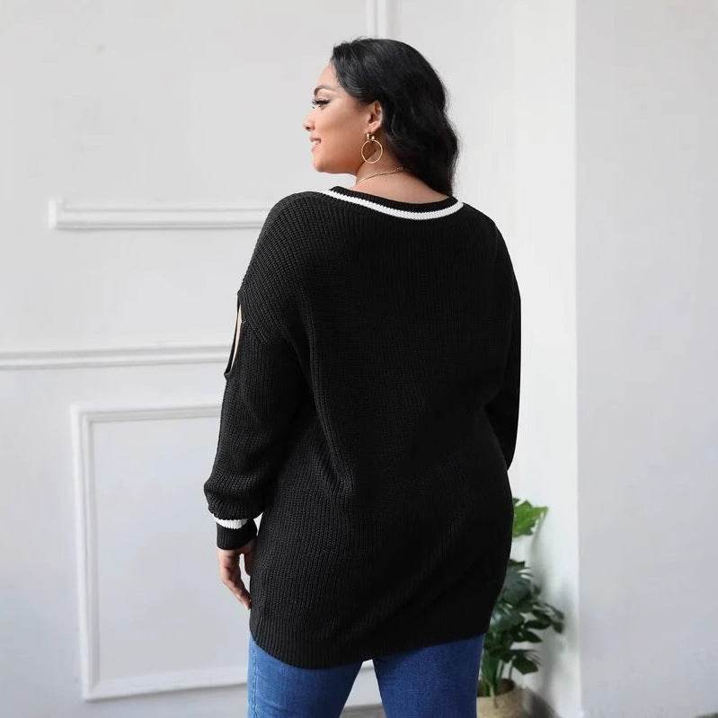 Women's Large Size V-Neck Sweater - Abstract Color Blocking Design - Buy Center US