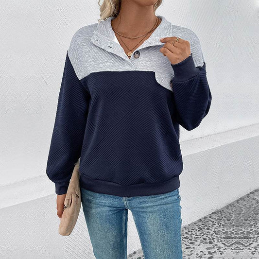 Women's Long-Sleeved Lapel Sweater - Color Matching in Dark Blue - Buy Center US