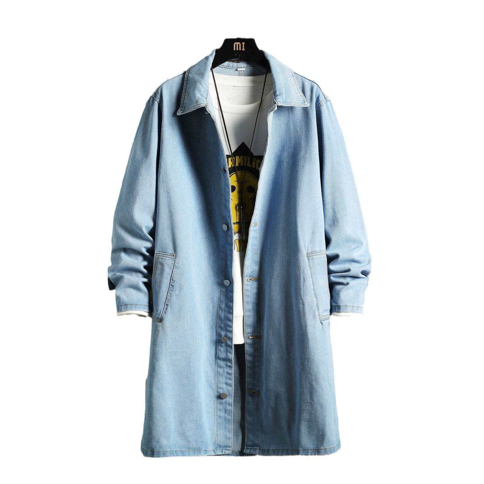 Buycenter Men's Denim Trench Coat - Casual Loose Fit, Mid-Length Style - Buy Center US