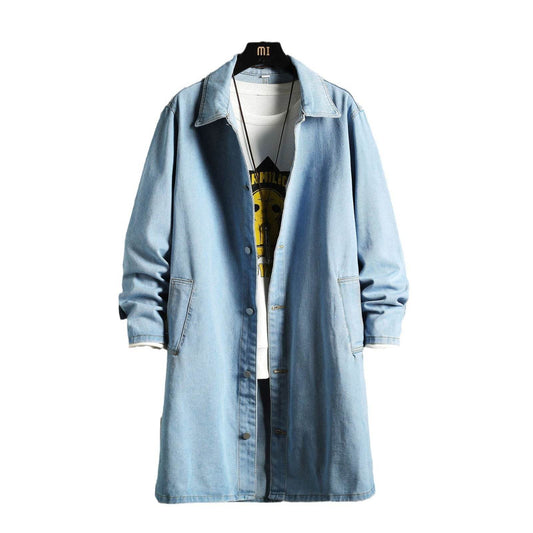 Buycenter Men's Denim Trench Coat - Casual Loose Fit, Mid-Length Style - Buy Center US