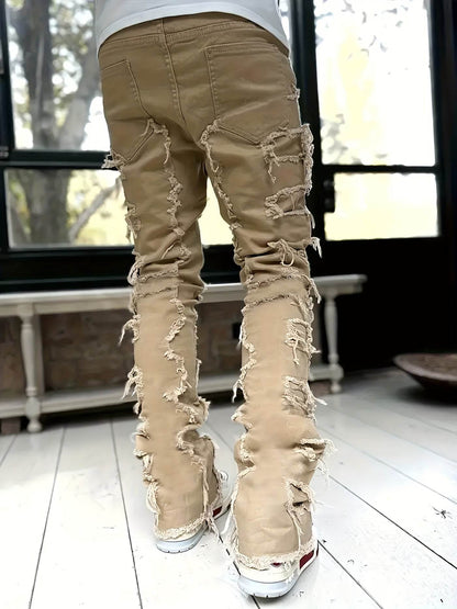 Y2K Hip Hop Style Men's Raw Trim Jeans - Slim Fit Stretch Denim - Buy Center US