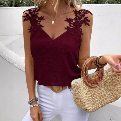 Women's Solid Color V-Neck Sling Top - Casual Patchwork Loose Fit - Buy Center US