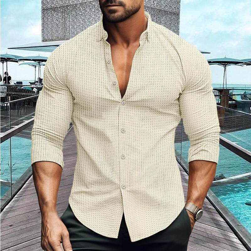 Buycenter Men's Solid Color Long-Sleeved Shirt - Casual Cardigan Style - Buy Center US
