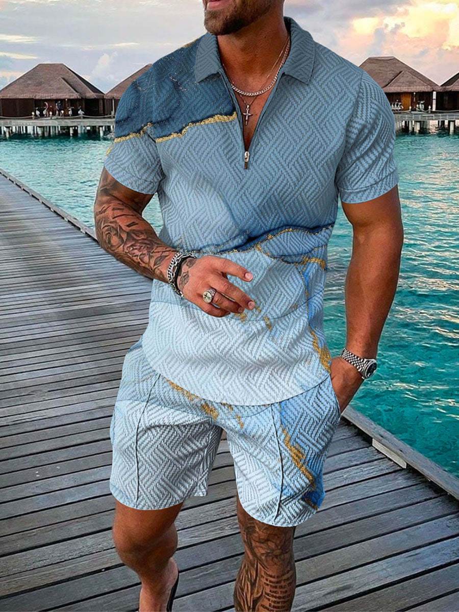 Men's 3D Printed Geometric Shirt Set - Summer Fashion Zip Lapel Style - Buy Center US