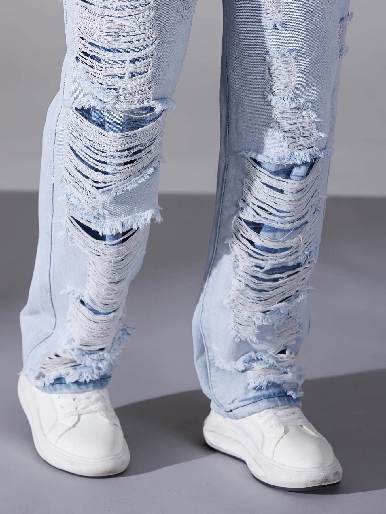 Men's Casual Distressed Denim Jeans - Solid Color, Regular Fit, Ripped Details - Buy Center US