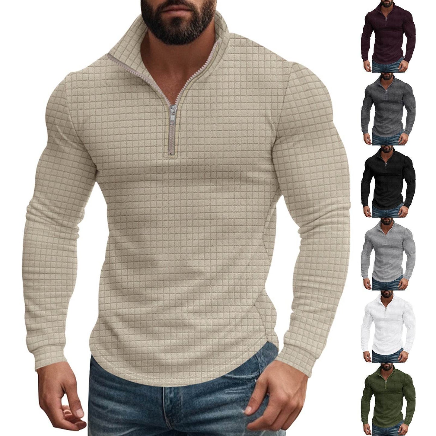 American Retro Men's Long Sleeve Sweater - Plaid Half-Zipper Design - Buy Center US