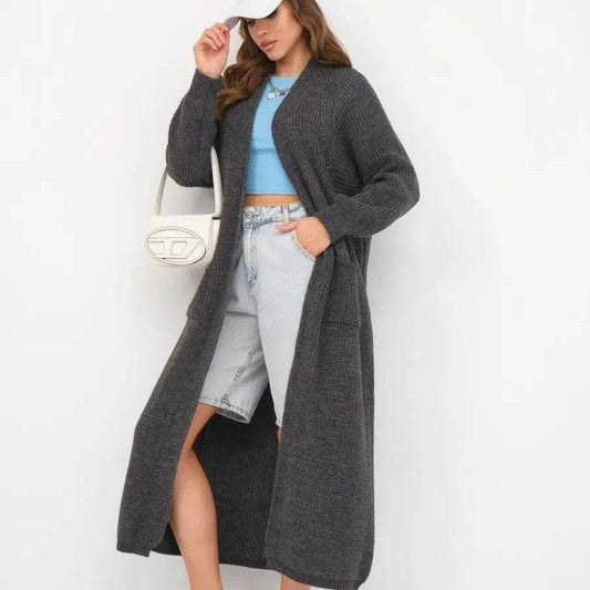 Women's Long Knitted Cardigan - Buckle-Free Loose Fit Coat, Solid Colors - Buy Center US
