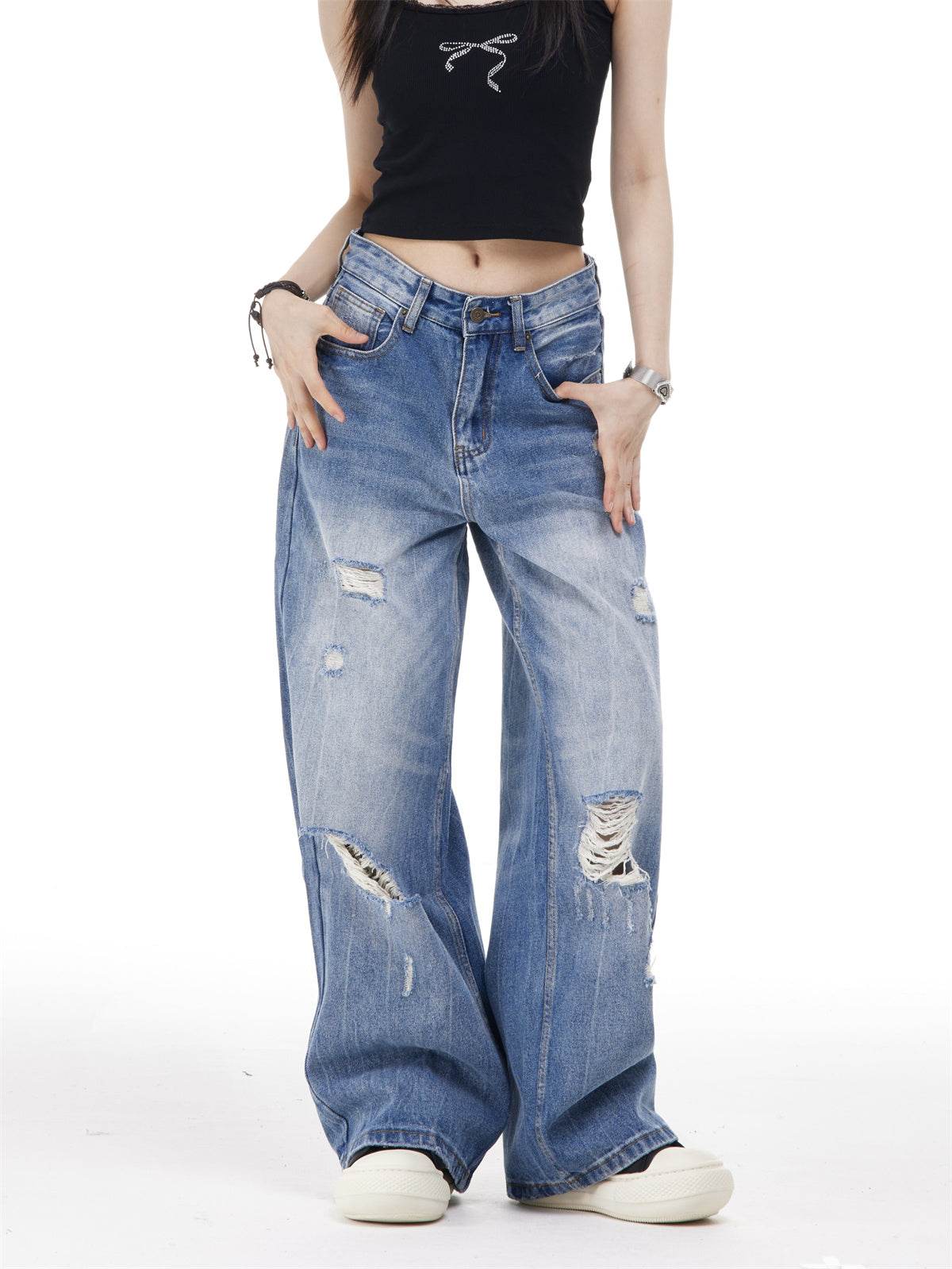 Women's Ripped Washed Blue Jeans - Micro-Elastic, Straight-Leg Style - Buy Center US
