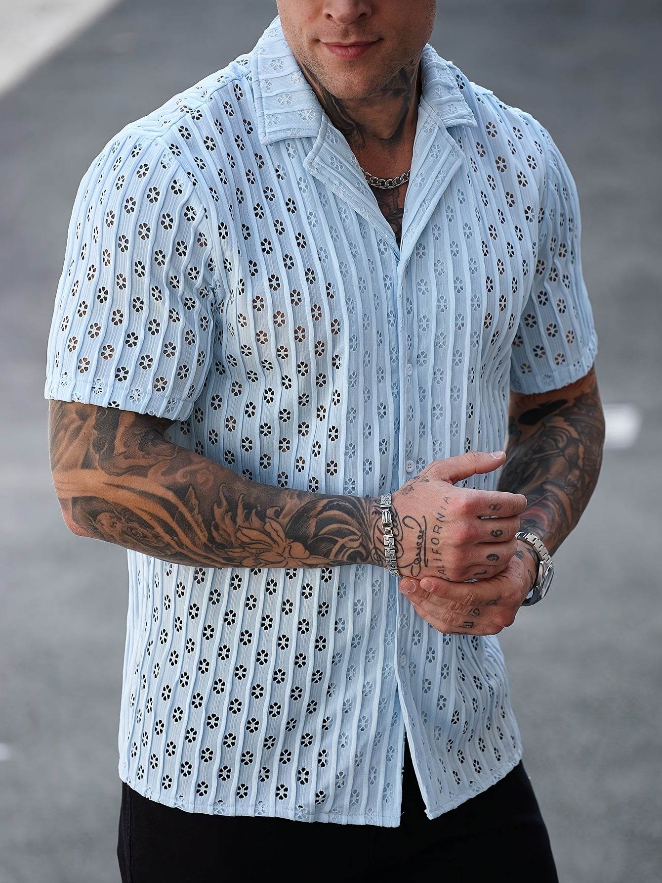 Men's Casual Floral Button-Up Shirt - Light Blue, Stretchy Fabric for Summer - Buy Center US