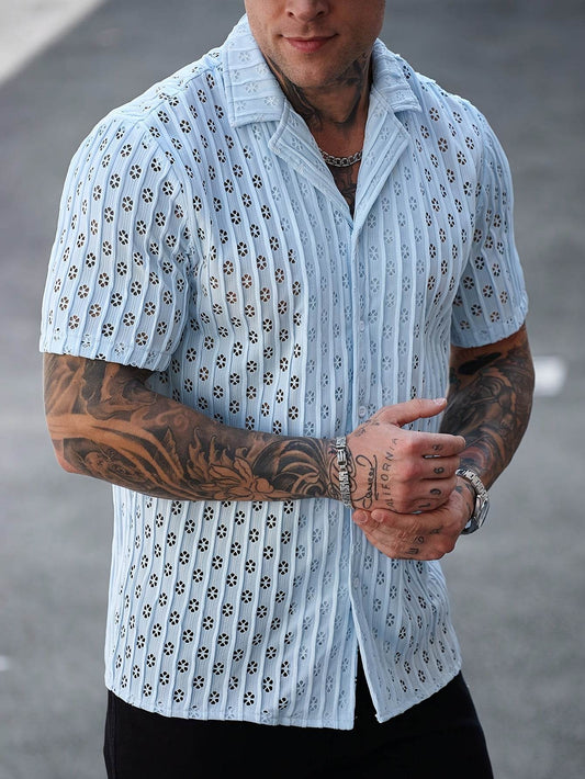 Men's Casual Floral Button-Up Shirt - Light Blue, Stretchy Fabric for Summer - Buy Center US