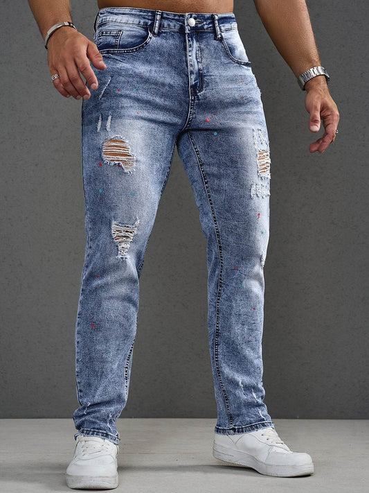 Men's Distressed Skinny Jeans - Stretchy Casual Pants with Frayed Hem - Buy Center US