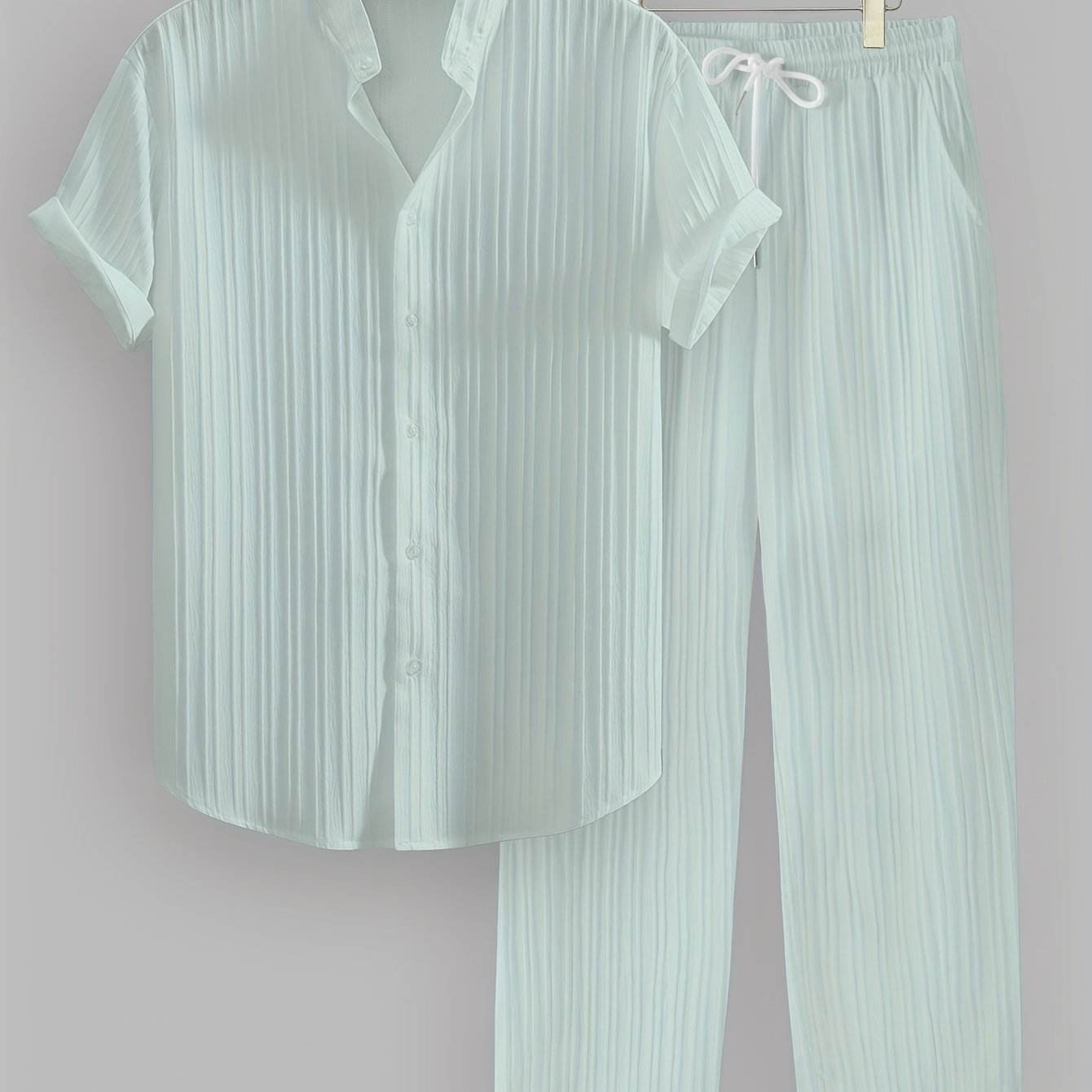 Men's Summer Casual Outfit Set - Striped Short Sleeve Shirt & Drawstring Pants - Buy Center US