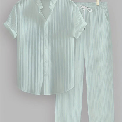 Men's Summer Casual Outfit Set - Striped Short Sleeve Shirt & Drawstring Pants - Buy Center US