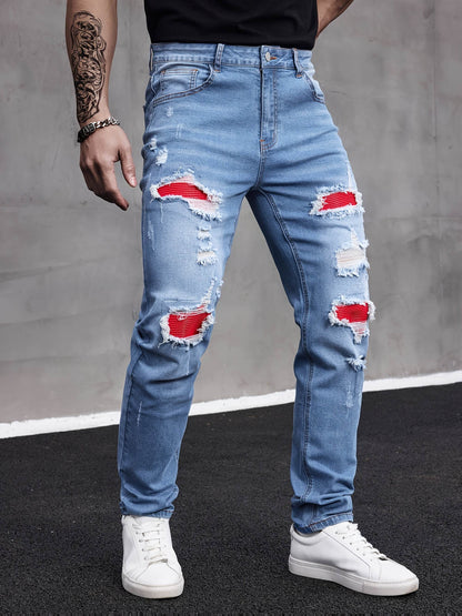 Men's Slim Fit Ripped Jeans - Stretch Denim Casual Streetwear, Blue - Buy Center US