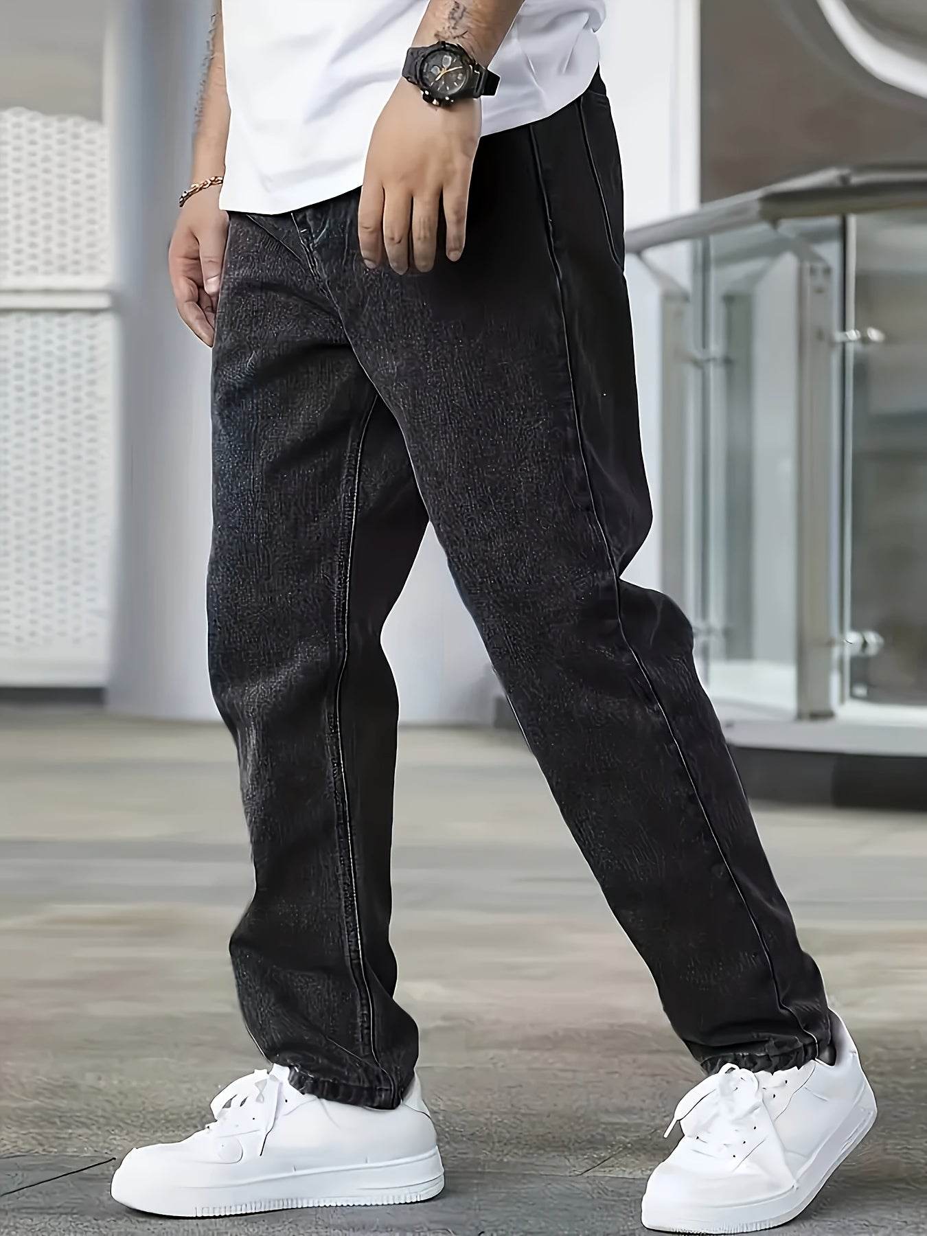 Men's Loose Fit Straight Leg Jeans - Washed Black Cotton Blend, Casual Style - Buy Center US