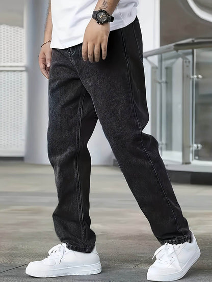 Men's Loose Fit Straight Leg Jeans - Washed Black Cotton Blend, Casual Style - Buy Center US