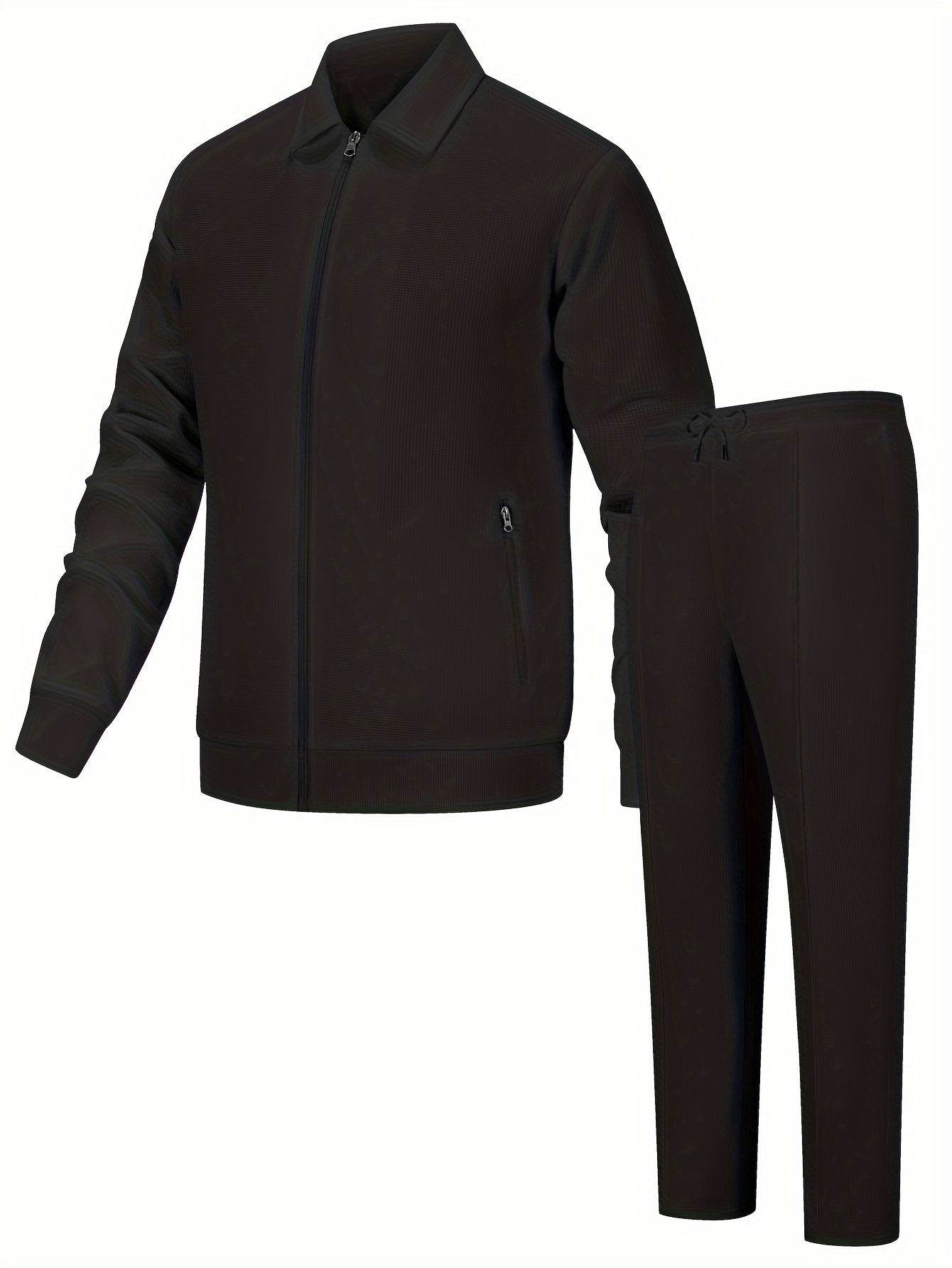 Men's Solid Color Knitted Tracksuit Set - Long Sleeve Jacket & Pants - Buy Center US