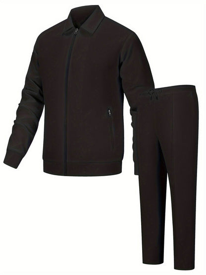 Men's Solid Color Knitted Tracksuit Set - Long Sleeve Jacket & Pants - Buy Center US