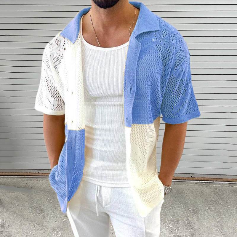 Men's Color Blocking Hollow Knit Sweater - Slim Fit Cardigan for Summer - Buy Center US