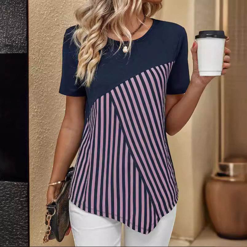 Women's Striped Casual T-Shirt - Color Matching, Short Sleeve Crew Neck - Buy Center US