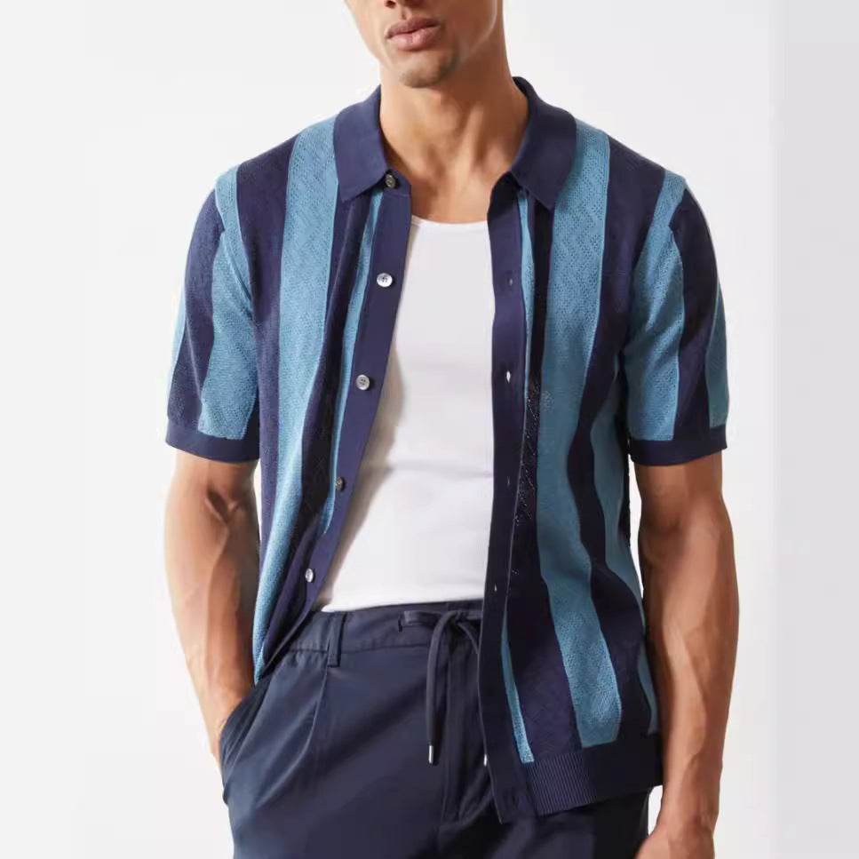 Men's Hollow Breathable Polo Shirt - Stylish Stripes in Blue, Sizes M-XXXL - Buy Center US