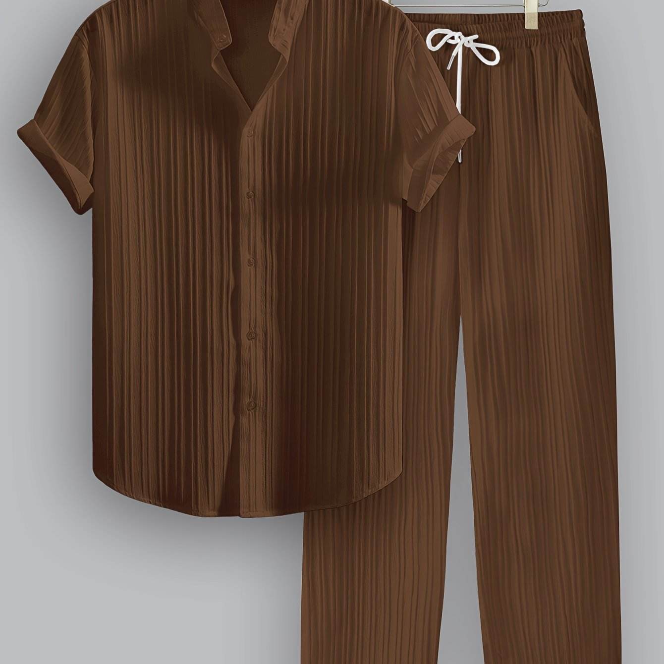 Men's Summer Casual Outfit Set - Striped Short Sleeve Shirt & Drawstring Pants - Buy Center US