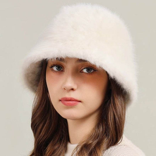Big Head Circumference Real Rabbit Plush Hat - Milky White & Khaki - Buy Center US