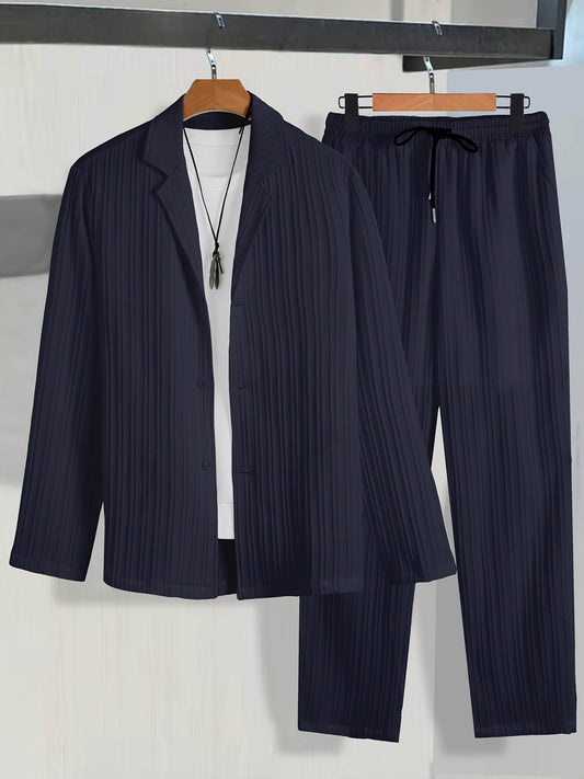 Men's Casual Suit Set - Long Sleeve Shirt & Drawstring Trousers - Buy Center US