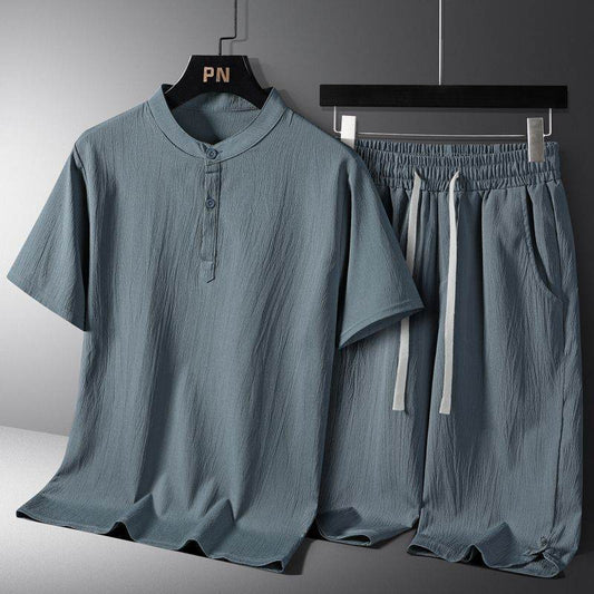 Buycenter Men’s Casual Cotton-Linen Shorts Set - Short Sleeve, Multiple Sizes - Buy Center US