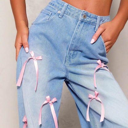 High Waist Wide Leg Jeans - Chic Bow Detail, Stylish Denim Trousers - Buy Center US