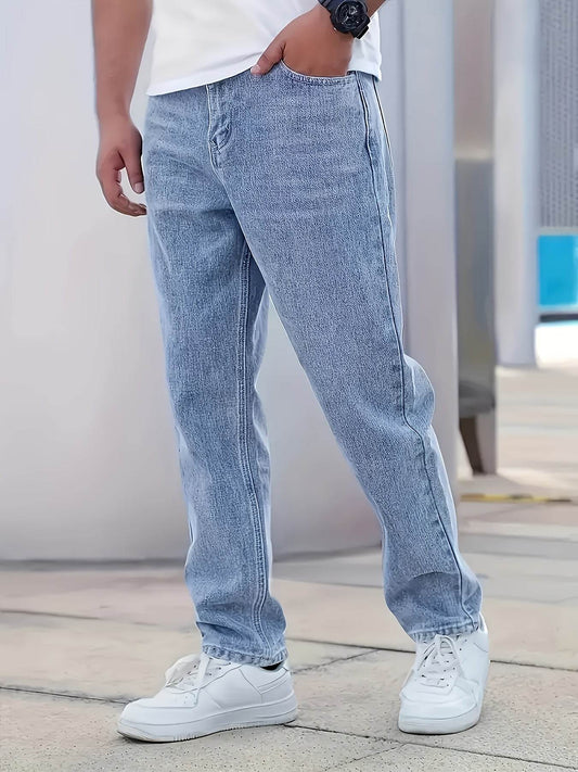 Loose Fit Washed Blue Denim Jeans - All-Season Casual Cotton Blend - Buy Center US