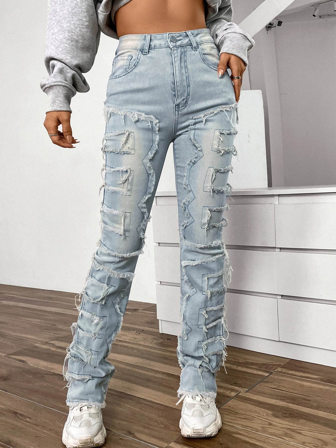 Women's Embroidered Straight-Leg Jeans - Fashionable Patchwork Design - Buy Center US