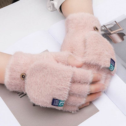 Winter Warmth Plush Gloves - Half Finger Flip Design for Students - Buy Center US