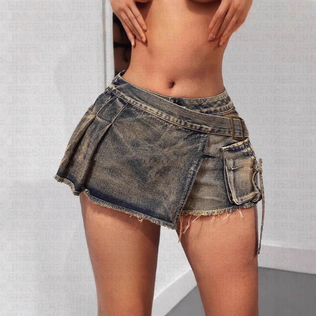 Women's Low Waist Irregular Denim Skirt - Asymmetric Sea Blue Style - Buy Center US