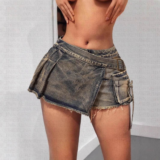 Women's Low Waist Irregular Denim Skirt - Asymmetric Sea Blue Style - Buy Center US