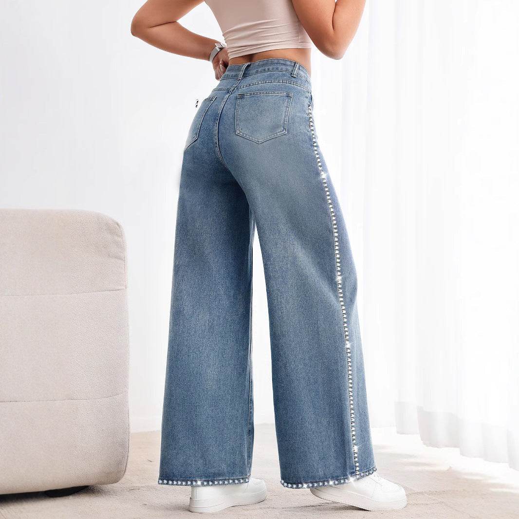Retro Wide Leg Beaded Jeans - High Waist Denim Trousers for Trendy Look - Buy Center US