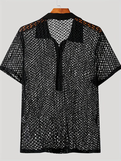 INCERUN Men's Bright Orange Mesh Shirt - Sheer Short Sleeve Collared Top - Buy Center US