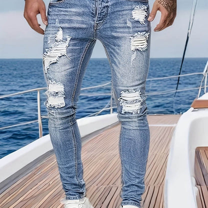 Men's Light Washed Blue Jeans - Casual Stretch Denim, Geometric Pattern - Buy Center US