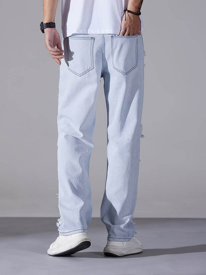 Men's Casual Distressed Denim Jeans - Solid Color, Regular Fit, Ripped Details - Buy Center US