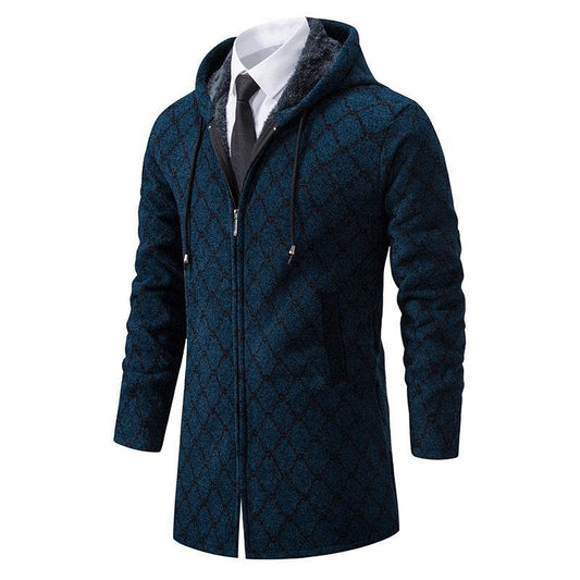 Buycenter Men's Casual Hooded Coat - Mid-Length Plaid Sweater Jacket - Buy Center US