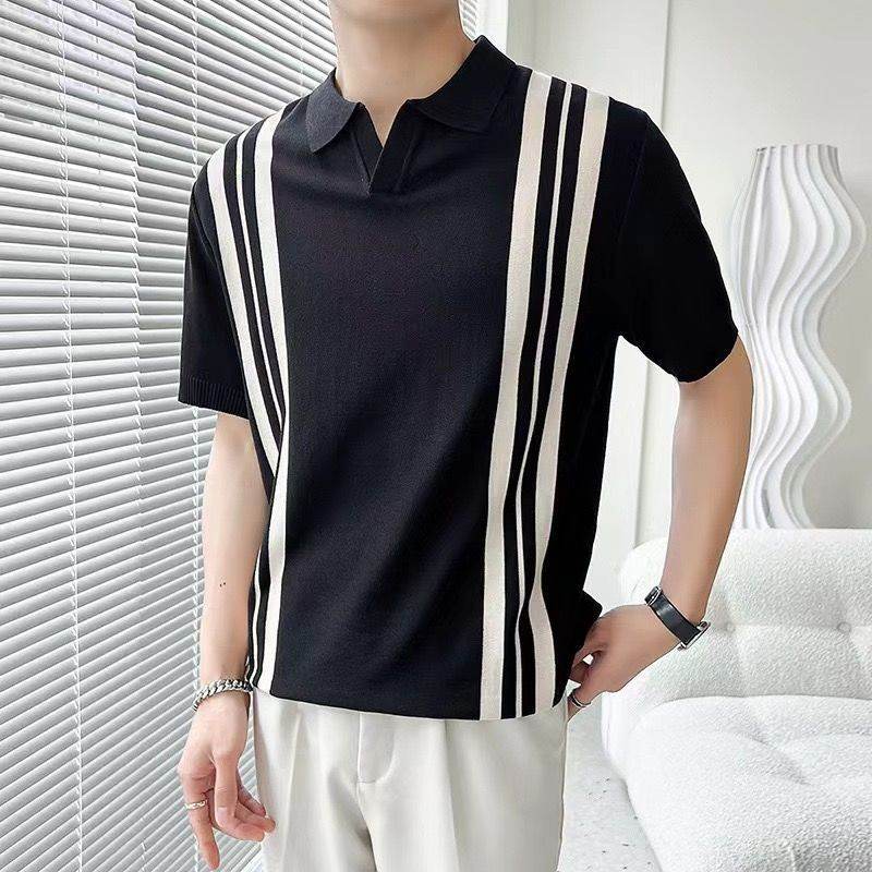 Men's Slim Lapel T-Shirt - Mixed Color Stripe for Summer Style - Buy Center US