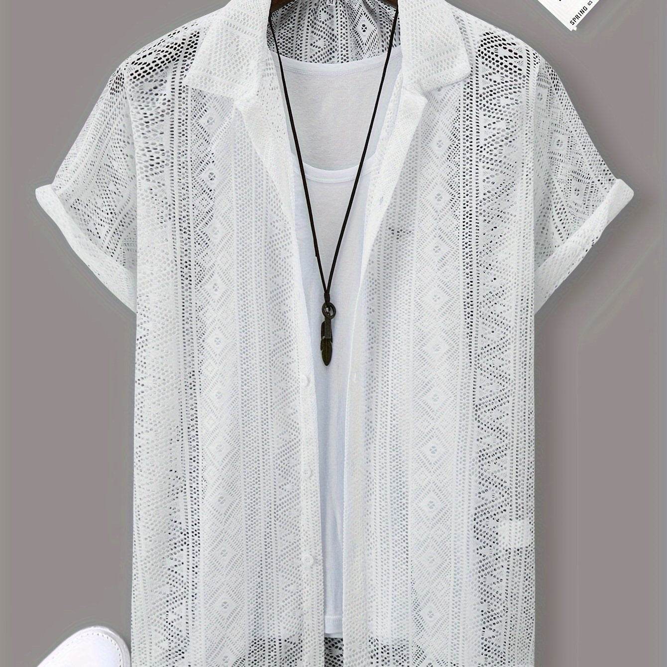 Men's Casual Lapel Button-Up Shirt - Geometric Print, Short Sleeve Summer Style - Buy Center US